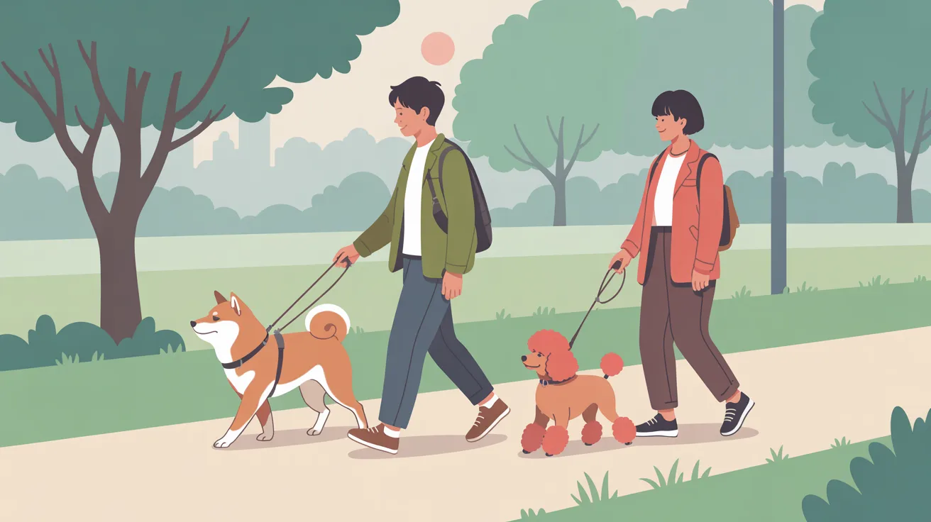 公園で一緒に散歩する犬と飼い主のイラスト